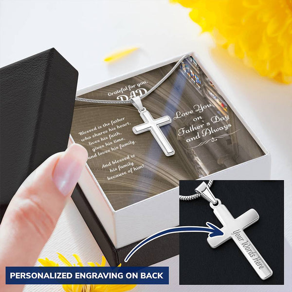 Cross Necklace Gift - Blessed Because Of You Dad Customize Engraved Cross Necklace