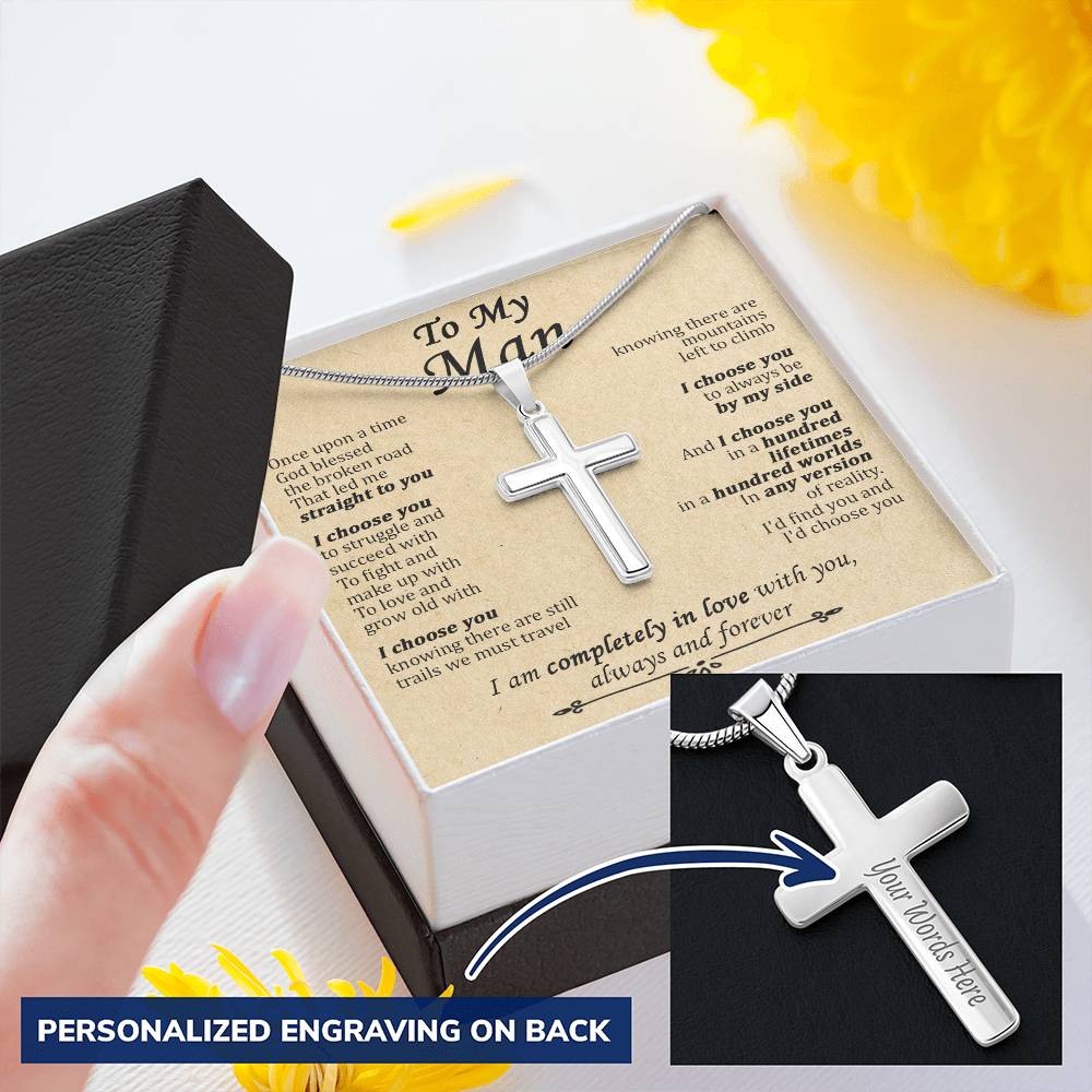 For Your Man - Any Version Of Reality - Cross Customize Engraved Cross Necklace