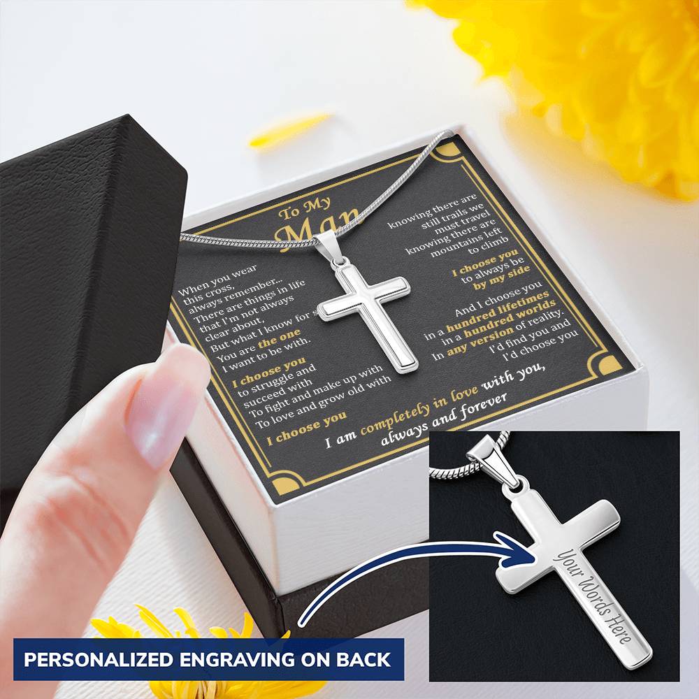 For Your Man - Any Version - Cross Customize Engraved Cross Necklace