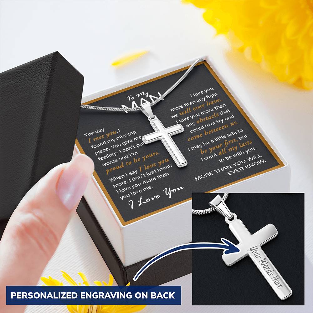 For Your Man - I Love You More 1 - Cross Customize Engraved Cross Necklace
