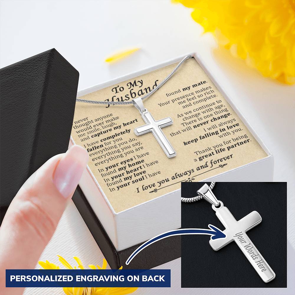For Husband - Keep Falling In Love - Cross Customize Engraved Cross Necklace