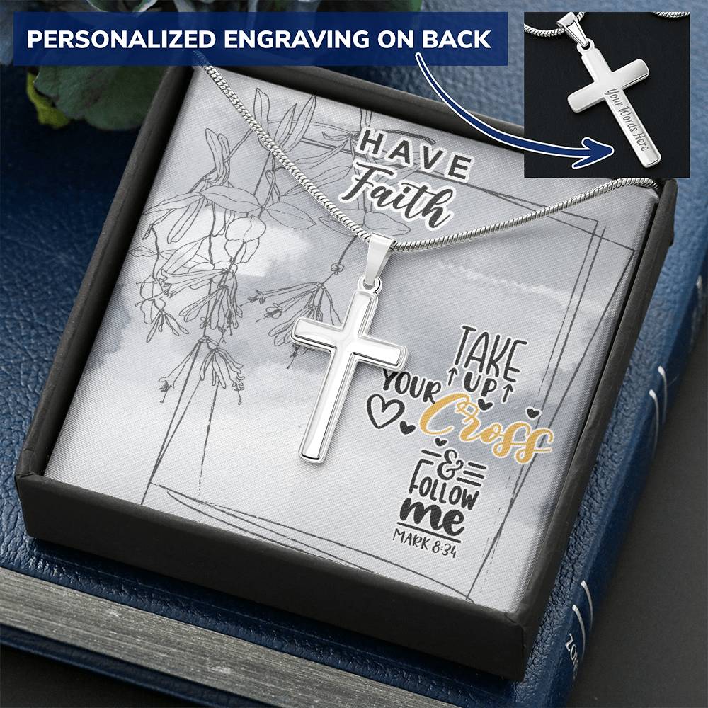 Dad To Son Gifts - Take Up Your Cross &amp; Follow Me Customize Engraved Cross Necklace