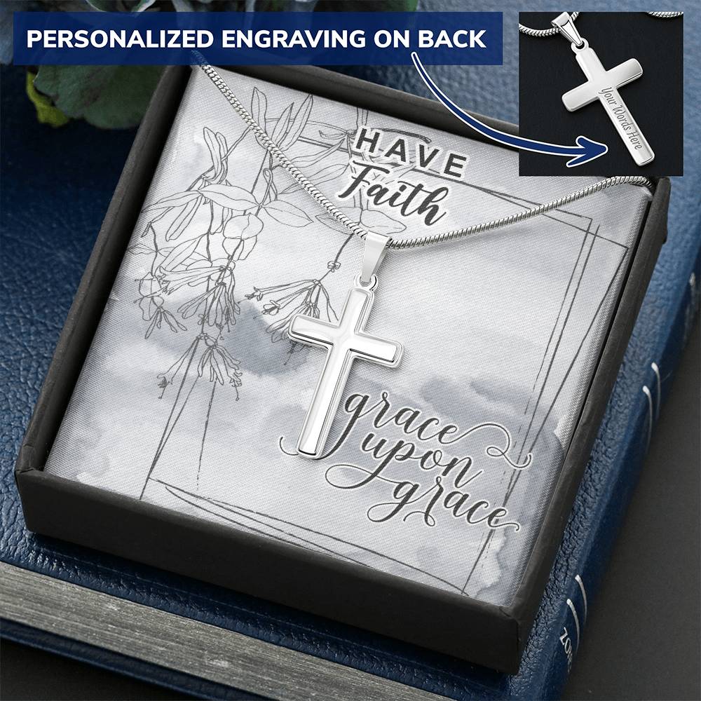 Dad To Son Gifts Cross Necklace Chain Bible Verse - Grace Upon Grace Customize Engraved Cross Necklace