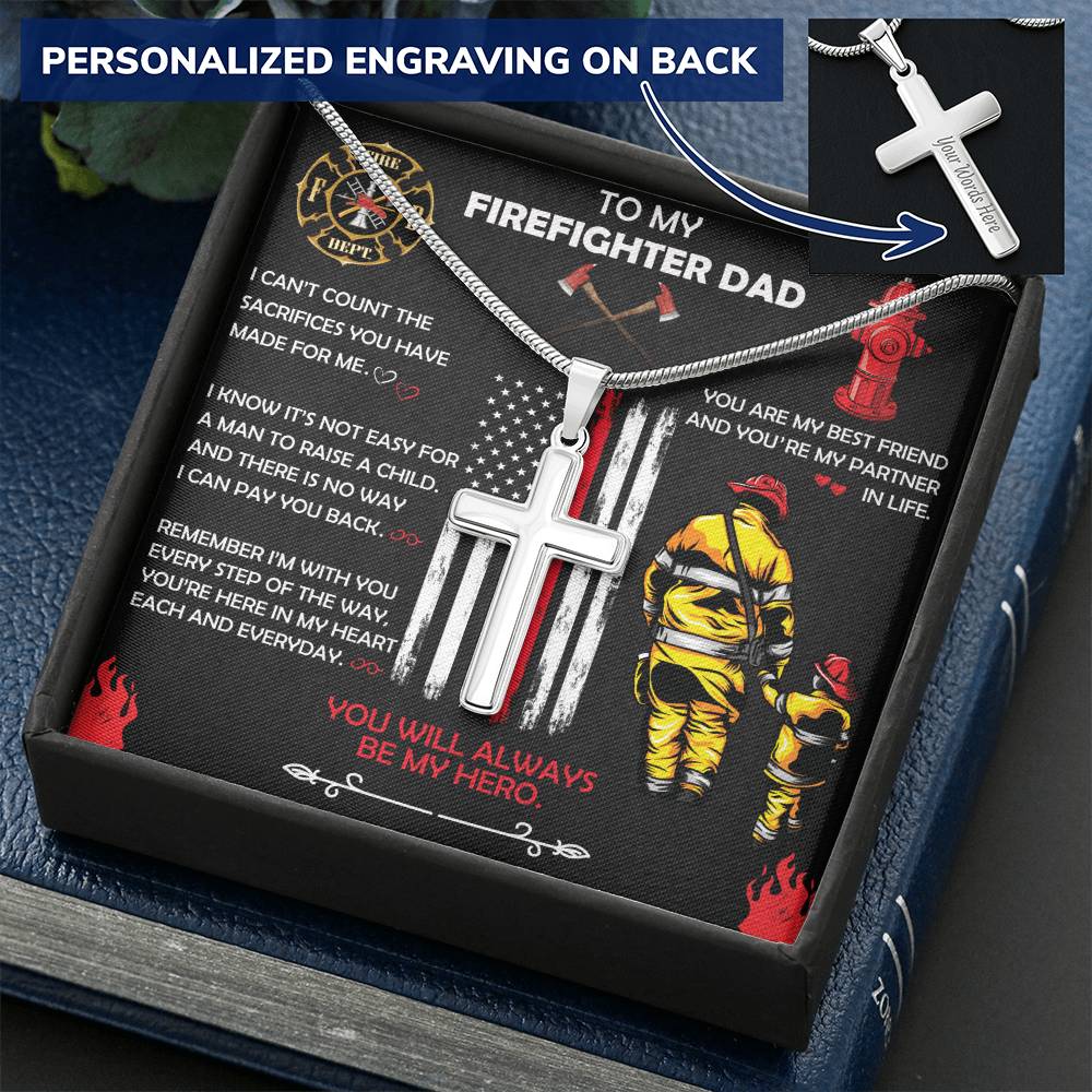 Firefighter Dad Gift- Father&#39;s Day Gift For Firefighter- Firefighter Gift- Firefighter Cross Necklace Customize Engraved Cross Necklace