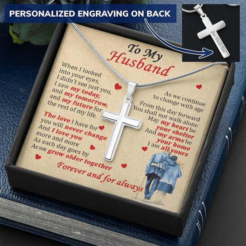 For Husband - May My Arms Be Your Home - Cross Customize Engraved Cross Necklace