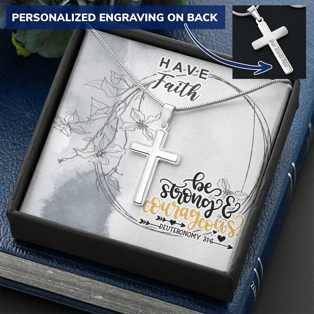Dad To Son Gifts - Be Strong &amp; Courageous Customize Engraved Cross Necklace