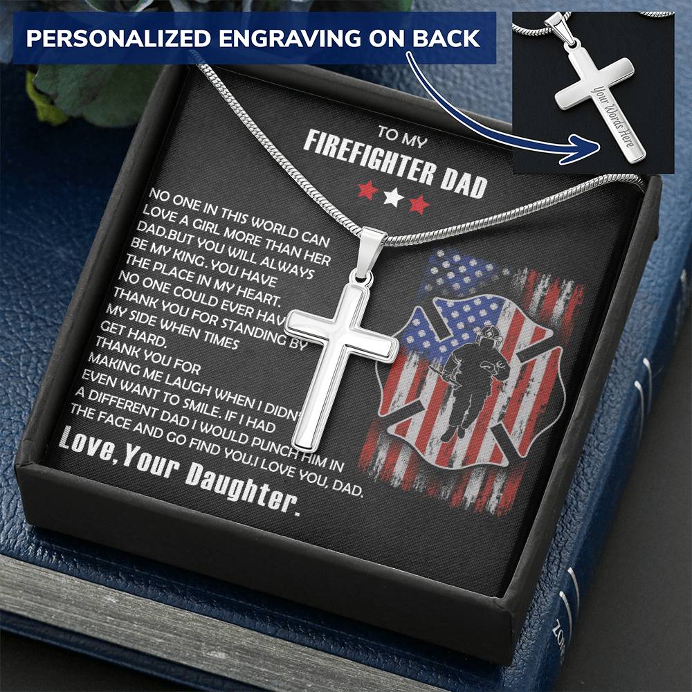 Firefighter Dad Gift-Firefighter Dad Cross Necklace-Father&#39;s Day Gift For Firefighter Customize Engraved Cross Necklace