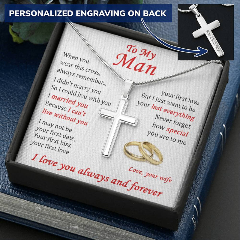 For Your Man - Live With You - Cross Customize Engraved Cross Necklace