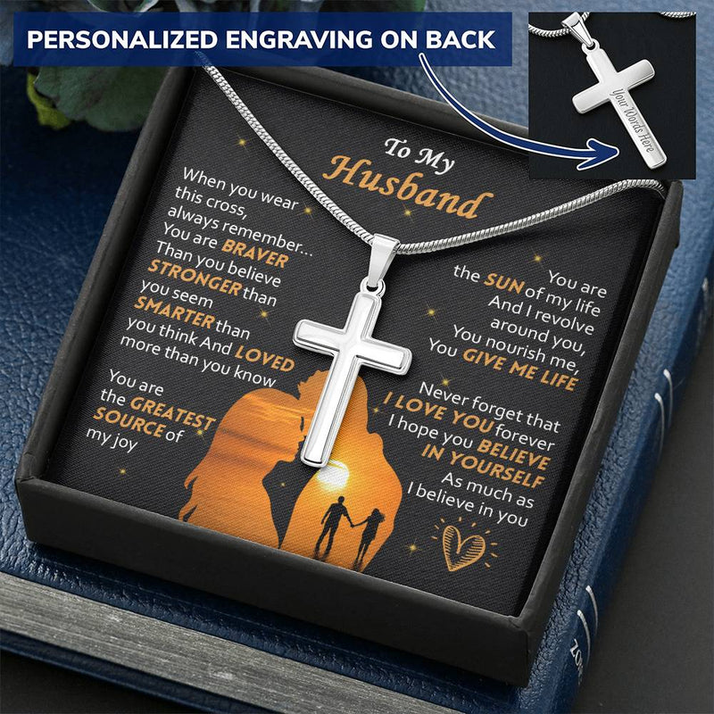 For Husband - Braver Than You Believe - Cross Customize Engraved Cross Necklace