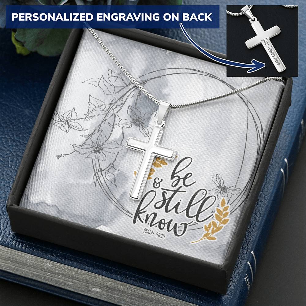 Dad To Son Gifts Cross Necklace Chain Bible Verse - Be Still &amp; Know Customize Engraved Cross Necklace