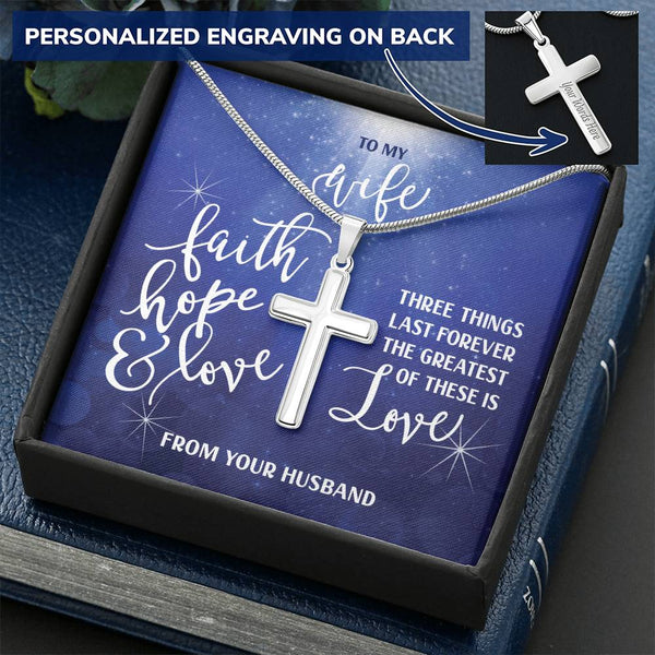 Customizable To My Wife Necklace- Faith Hope And Love Customize Engraved Cross Necklace