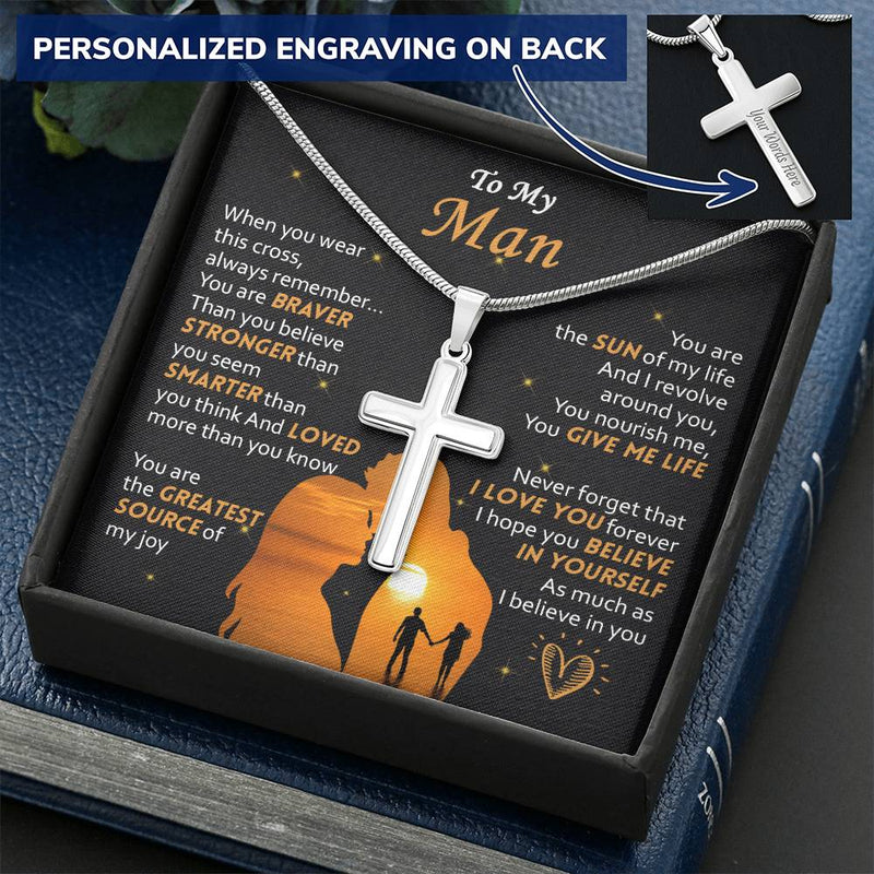 For Your Man - Braver Than You Believe - Cross Customize Engraved Cross Necklace