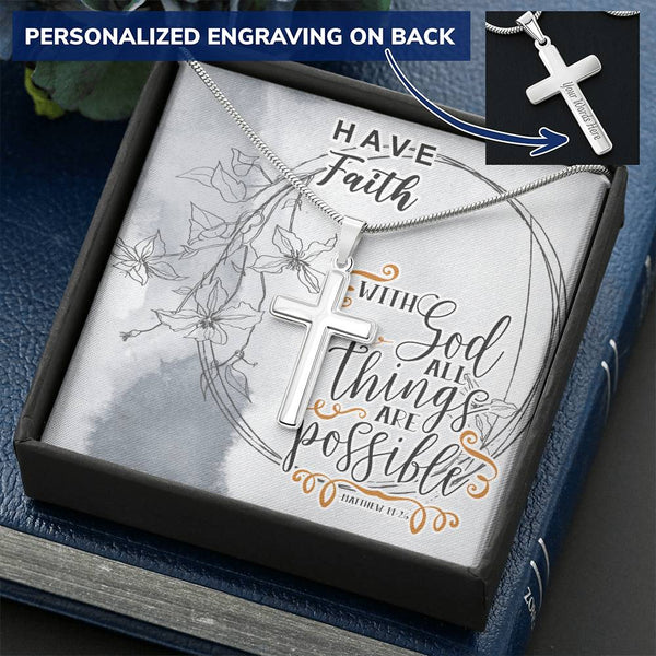 Dad To Son Gifts - With God All Things Are Possible Customize Engraved Cross Necklace