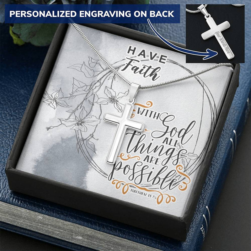 Dad To Son Gifts - With God All Things Are Possible Customize Engraved Cross Necklace