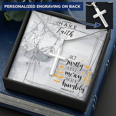 Dad To Son Gifts - Act Justly Love Mercy Walk Humbly Customize Engraved Cross Necklace