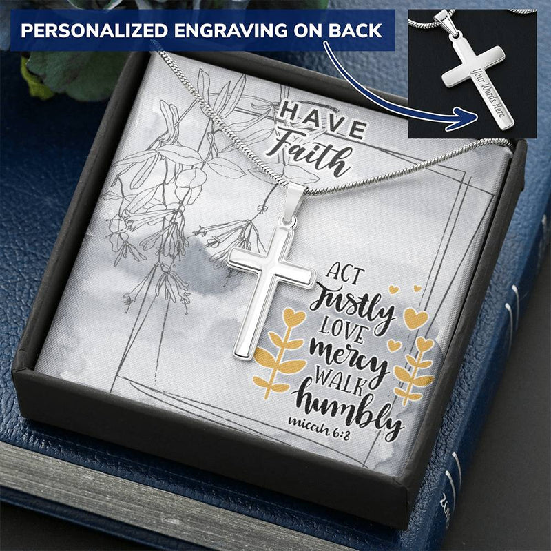 Dad To Son Gifts - Act Justly Love Mercy Walk Humbly Customize Engraved Cross Necklace