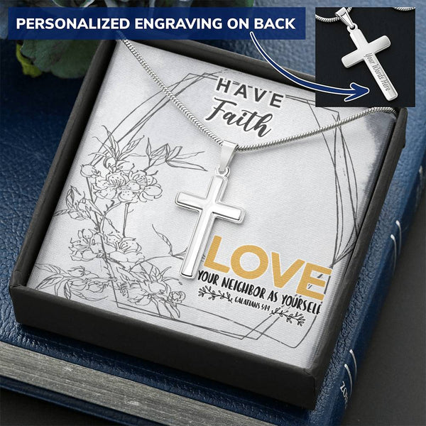 Dad To Son Gifts - Love Your Neighbor As Yourself Customize Engraved Cross Necklace
