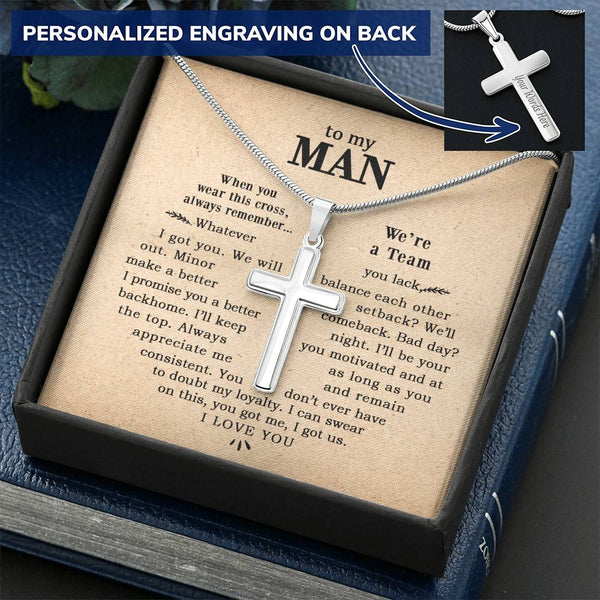 For Your Man - Balance Each Other - Cross Customize Engraved Cross Necklace