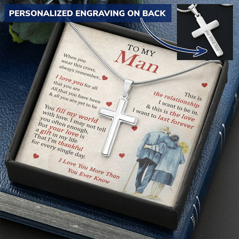 For Your Man - Fill My World - Cross Customize Engraved Cross Necklace