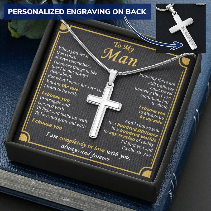 For Your Man - Any Version - Cross Customize Engraved Cross Necklace