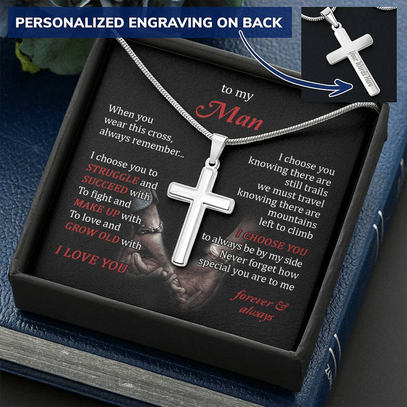For Your Man - Grow Old With You - Cross Customize Engraved Cross Necklace