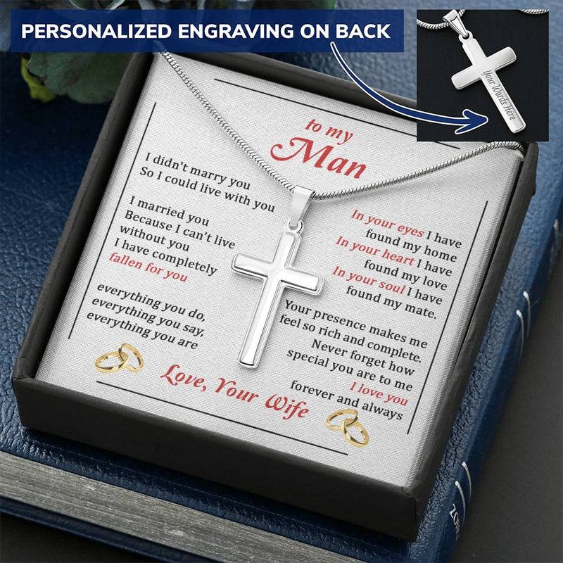 For Your Man - Can't Live Without You - Cross Customize Engraved Cross Necklace