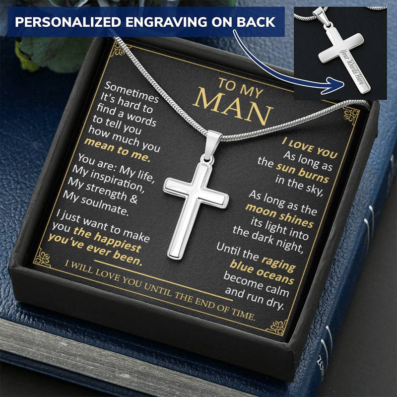For Your Man - Blue Oceans - Cross Customize Engraved Cross Necklace