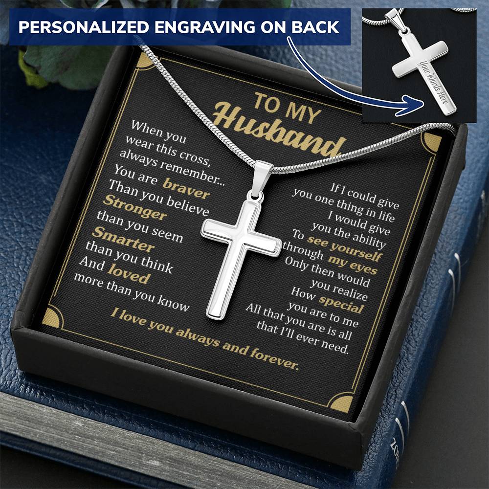For Husband - Braver - Cross Customize Engraved Cross Necklace
