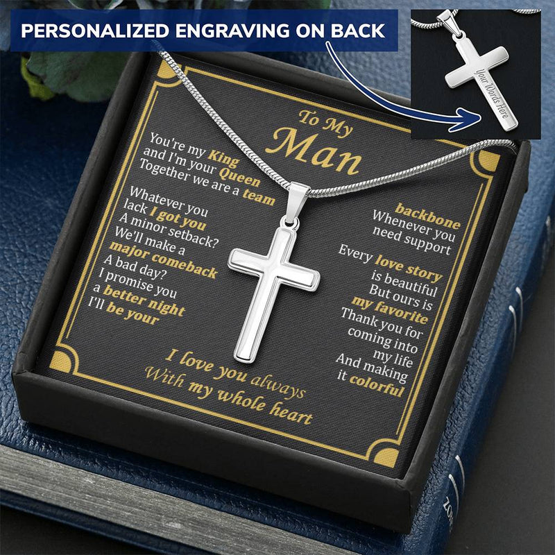 For Your Man - With My Whole Heart - Cross Customize Engraved Cross Necklace