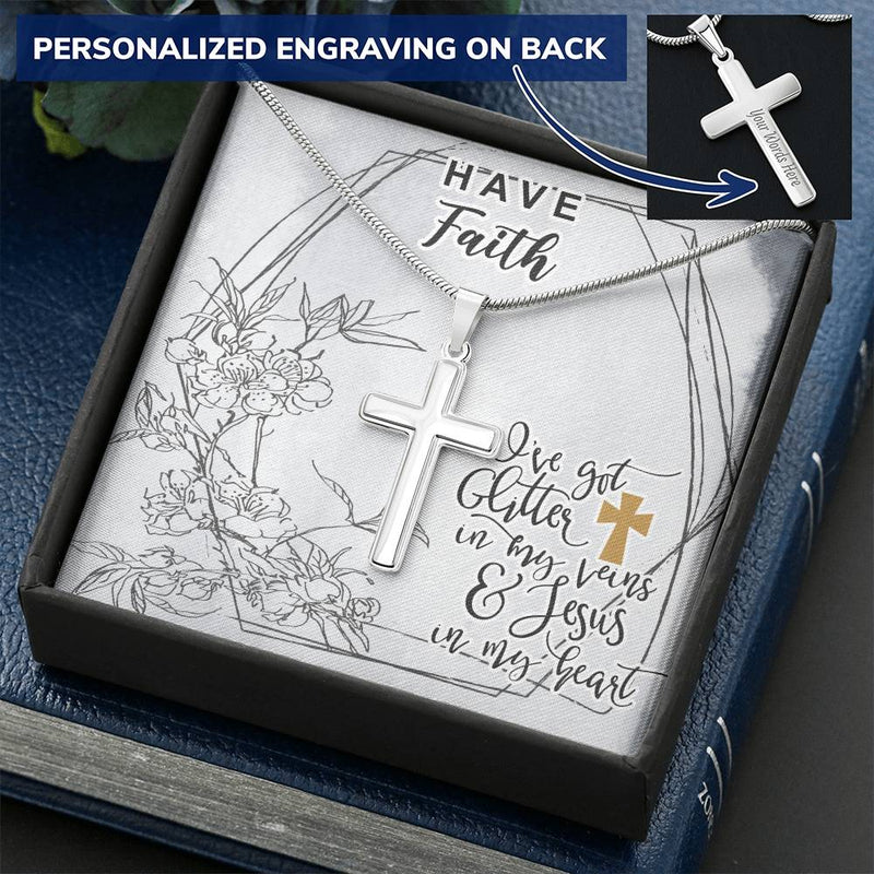Dad To Son Gifts Cross Necklace Chain Bible Verse - I've Got Glitter In My Veins & Jesus In My Heart Customize Engraved Cross Necklace