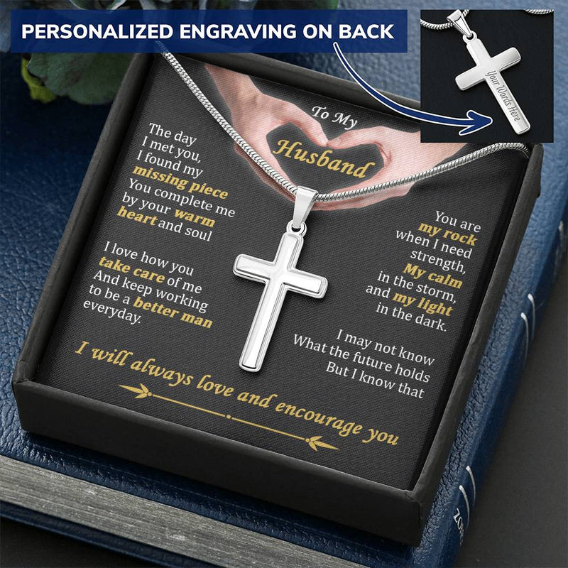 For Husband - Warm Heart - Cross Customize Engraved Cross Necklace