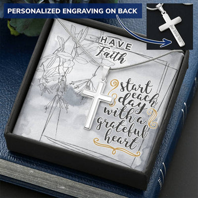 Dad To Son Gifts - Start Each Day With A Grateful Heart Customize Engraved Cross Necklace