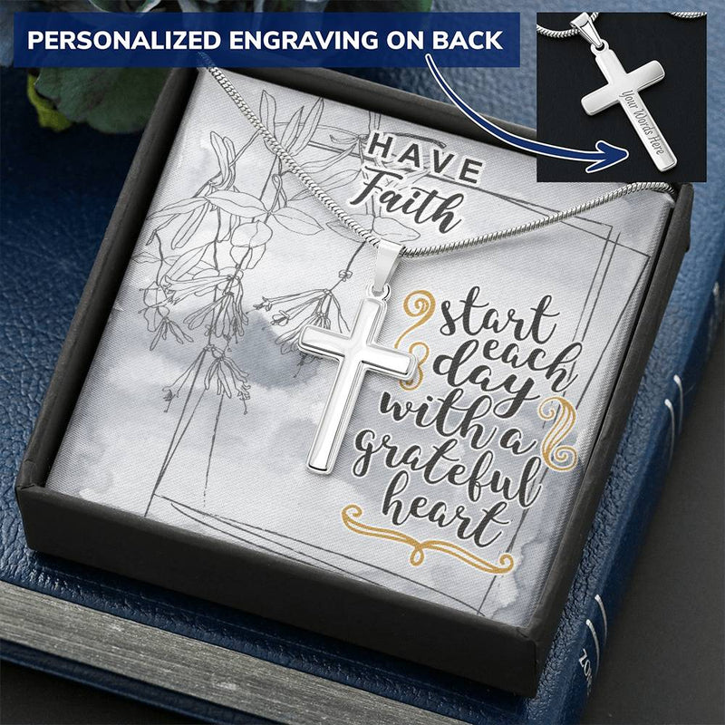 Dad To Son Gifts - Start Each Day With A Grateful Heart Customize Engraved Cross Necklace