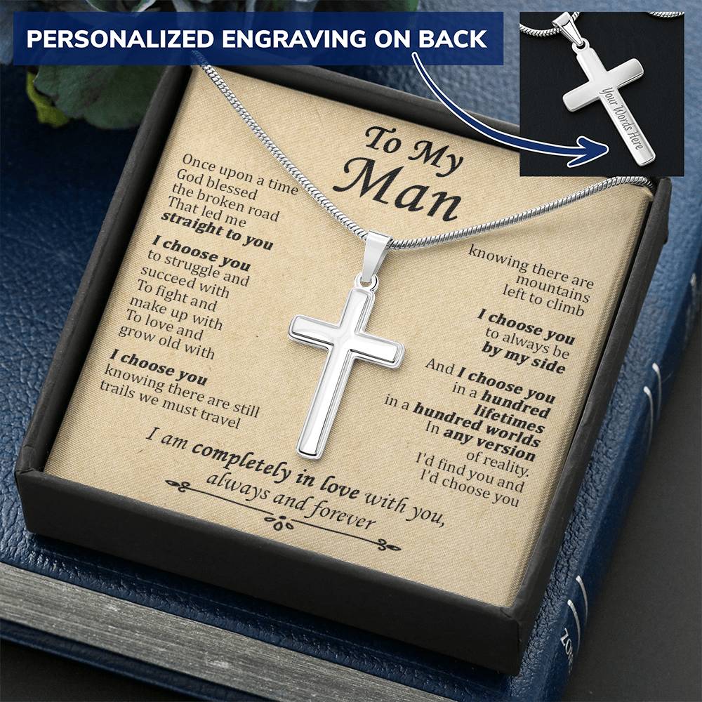For Your Man - Any Version Of Reality - Cross Customize Engraved Cross Necklace