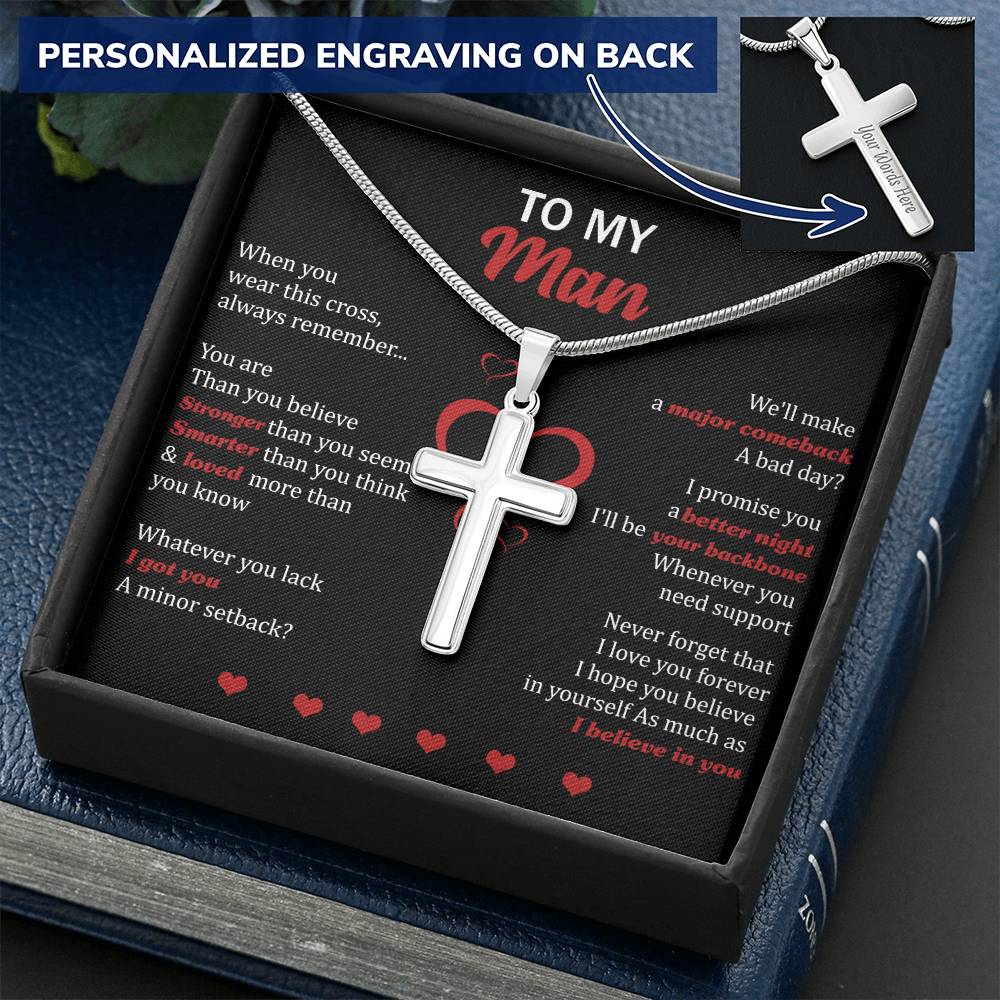 For Your Man - Stronger Than You Seem - Cross Customize Engraved Cross Necklace