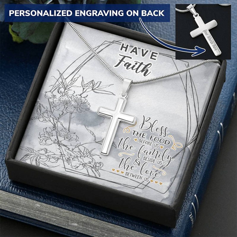 Dad To Son Gifts - Bless The Food Before Us The Family Beside Us & The Love Between Us Customize Engraved Cross Necklace