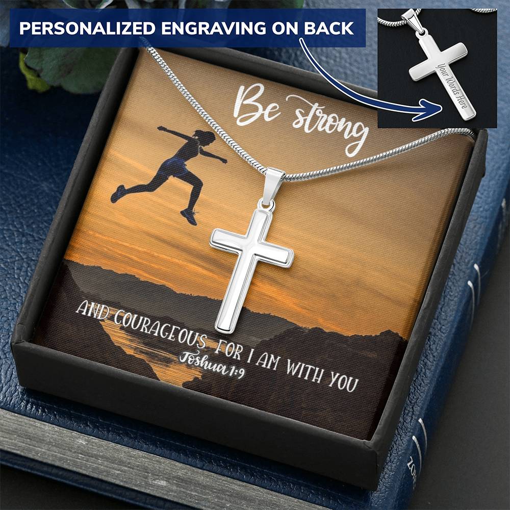 Cross Necklace Be Strong &amp; Courageous Joshua 19 Bible Verse Customize Engraved Cross Necklace