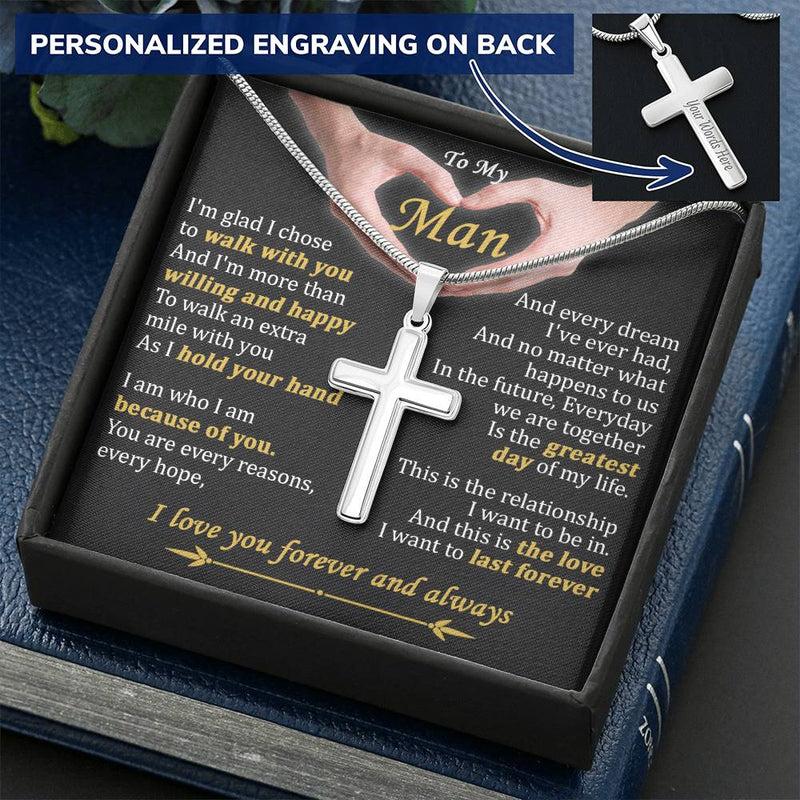 For Your Man - Walk With You - Cross Customize Engraved Cross Necklace