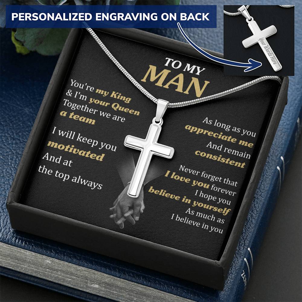For Your Man - We Are A Team - Cross Customize Engraved Cross Necklace