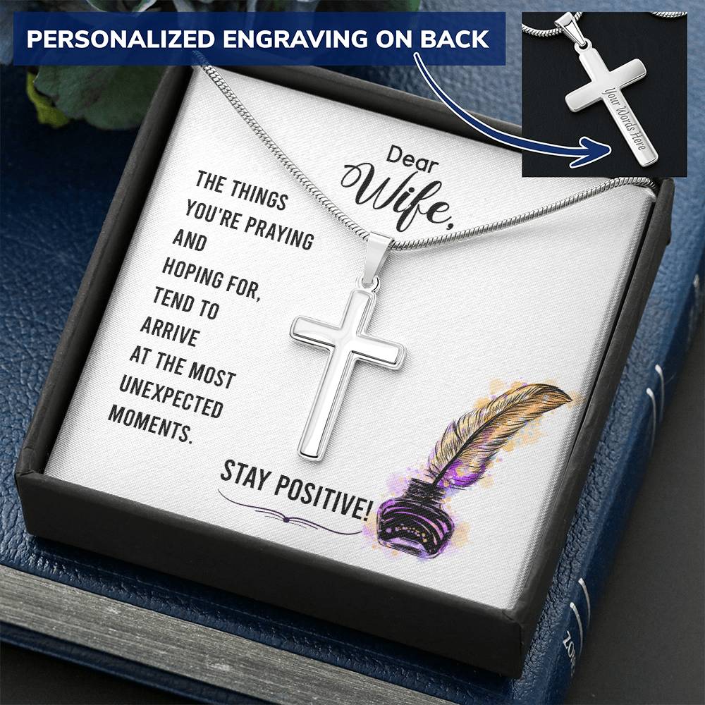 Dear Wife - The Things You&#39;re Praying And Hoping For - Customize Cross Necklace Customize Engraved Cross Necklace
