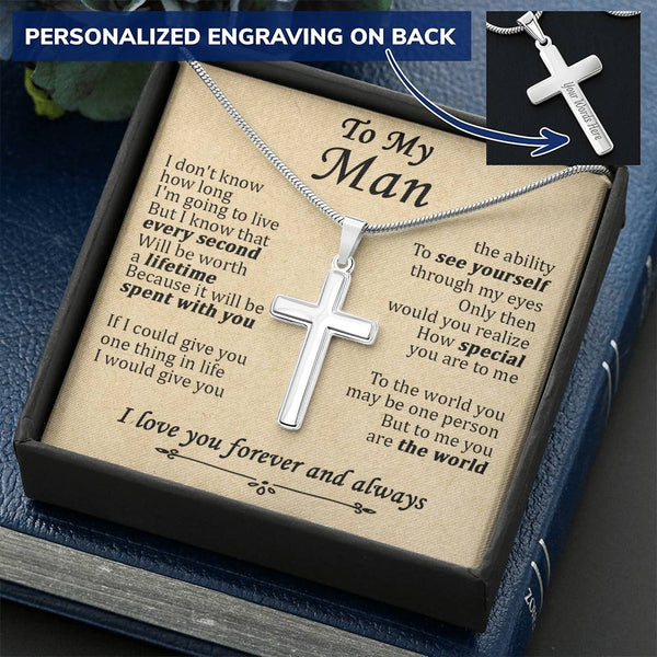 For Your Man - Worth A Lifetime - Cross Customize Engraved Cross Necklace