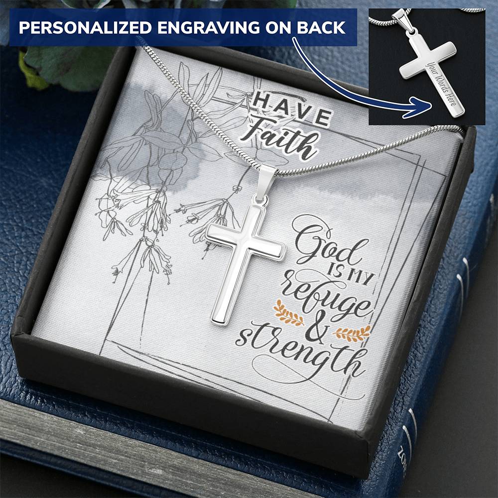 Dad To Son Gifts Cross Necklace Chain Bible Verse - God Is My Refuge &amp; Strength Customize Engraved Cross Necklace