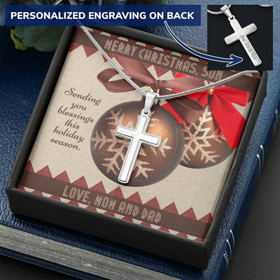 Christmas Blessings To Son Customize Engraved Cross Necklace From Mom And Dad Customize Engraved Cross Necklace
