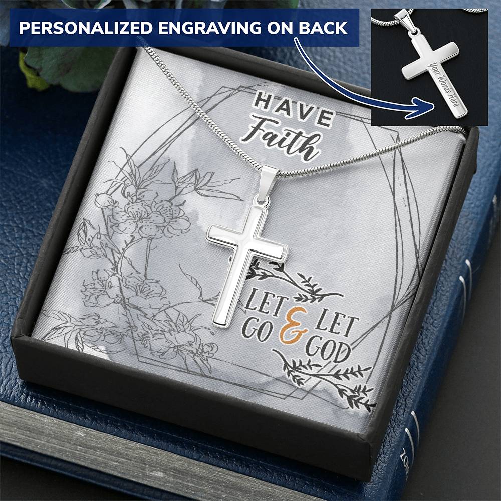 Dad To Son Gifts Cross Necklace Chain Bible Verse - Let Go &amp; Let God Customize Engraved Cross Necklace