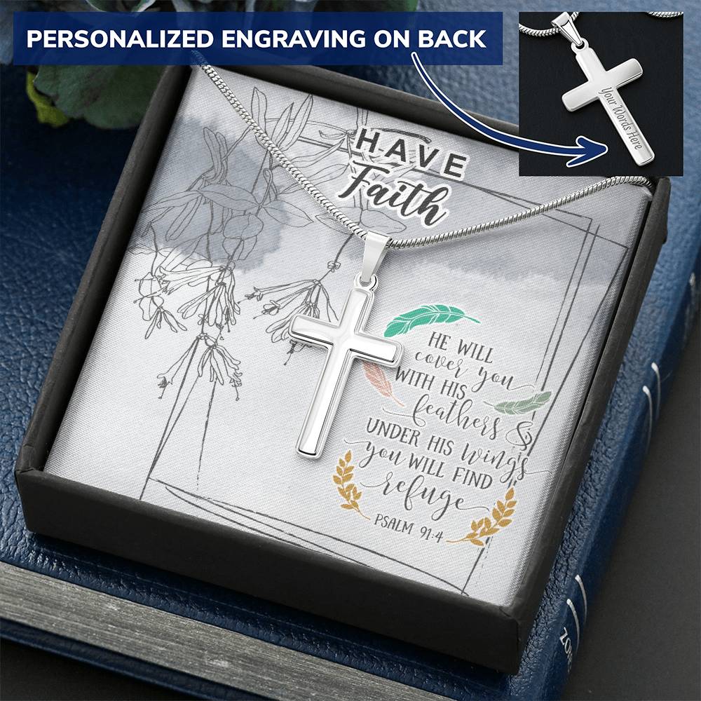 Dad To Son Gifts - He Will Cover You With His Feathers &amp; Under His Wings You Will Find Refuge Customize Engraved Cross Necklace