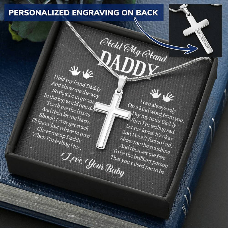 Fathers Day Gift From Baby Customize Father Gift From Baby Hold My Hand Daddy Gift Customize Engraved Cross Necklace