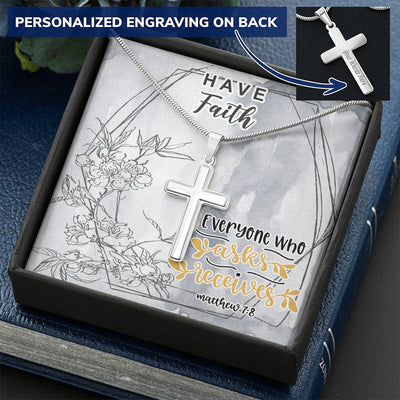 Dad To Son Gifts Cross Necklace Chain Bible Verse - Everyone Who Asks Receives Customize Engraved Cross Necklace