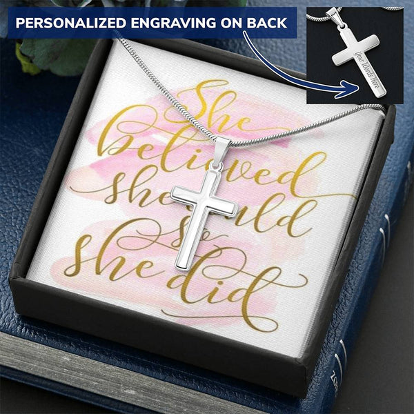 Daughter Gift She Believed She Could So She Did Beautiful Gift Cross Can Be Engraved Lighted Box Customize Engraved Cross Necklace