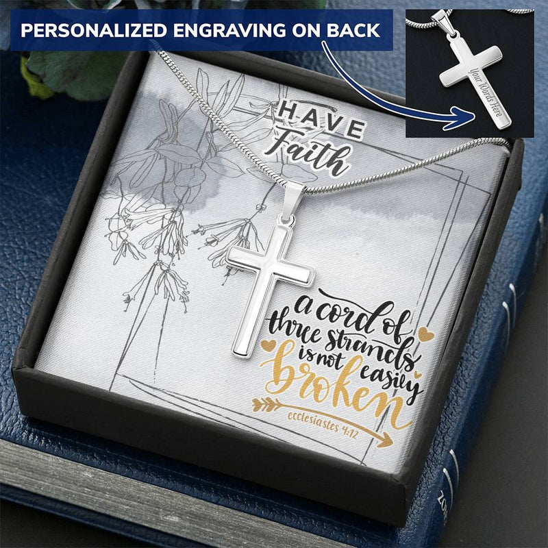 Dad To Son Gifts - A Cord Of Three Strands Is Not Easily Broken Customize Engraved Cross Necklace
