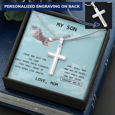 Eagle Cross For Son - Love Mom Customize Engraved Cross Necklace